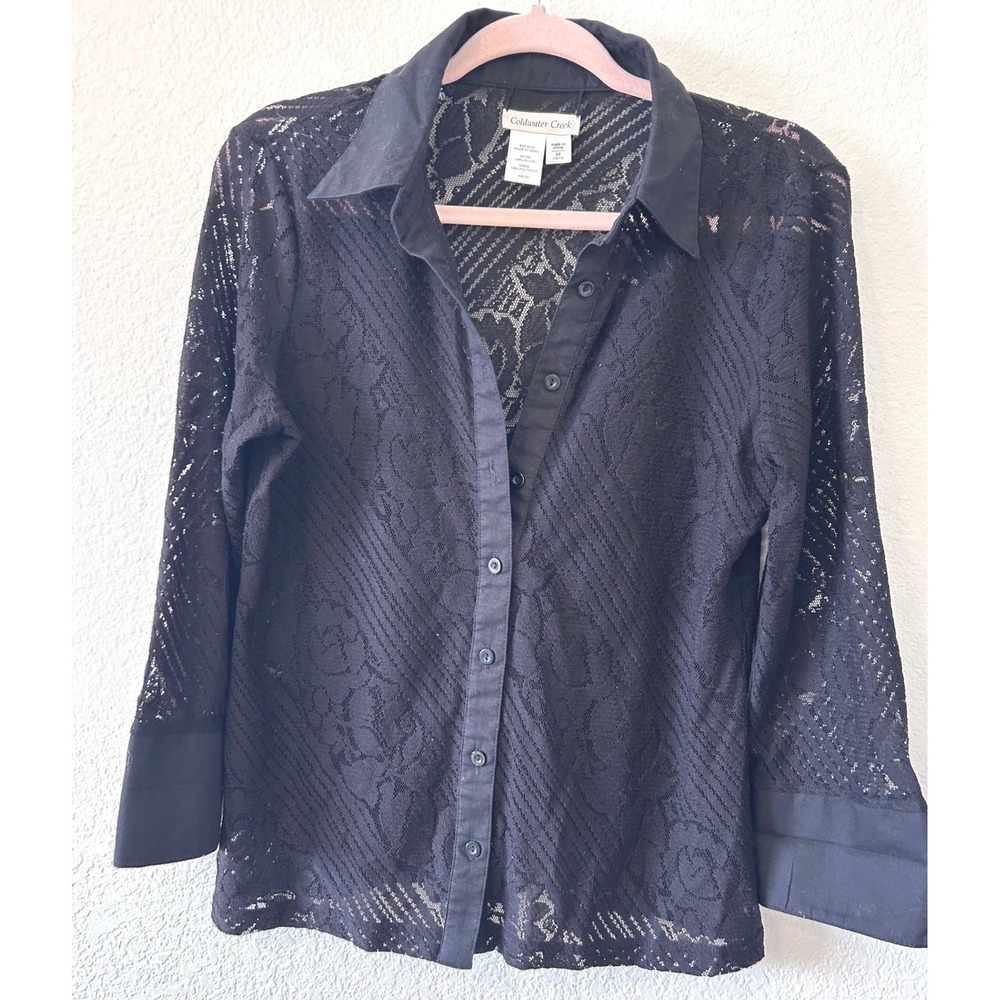Whimsgoth Boho Y2K Black Sheer Lace Sleeve Button Up‎ Top Size M